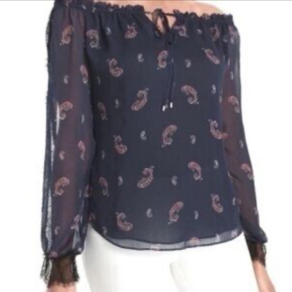 White House Black Market Navy and Pink Paisley Sheer Sleeves Blouse